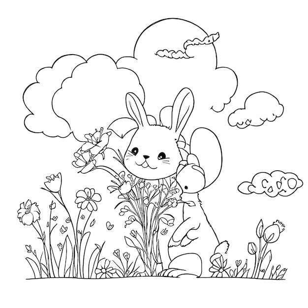 Ilustração de livro de colorir de coelhinho bonito desenhado à mão