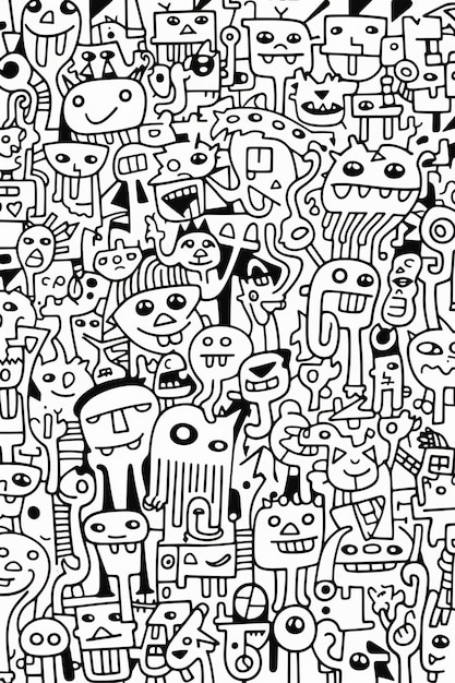 Ilustração de livro de colorir doodle multidão monstro alienígena bonito Criado com tecnologia de IA generativa