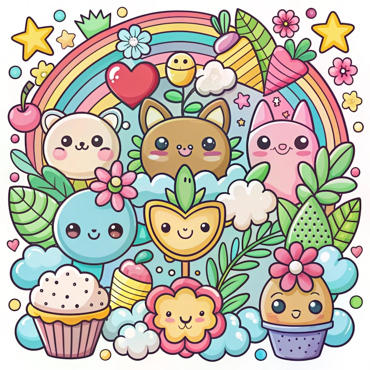 Foto ilustração de livro de colorir kawaii desenhado à mão
