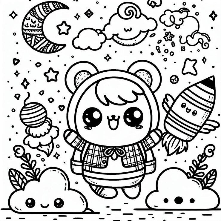 Foto ilustração de livro de colorir kawaii desenhado à mão