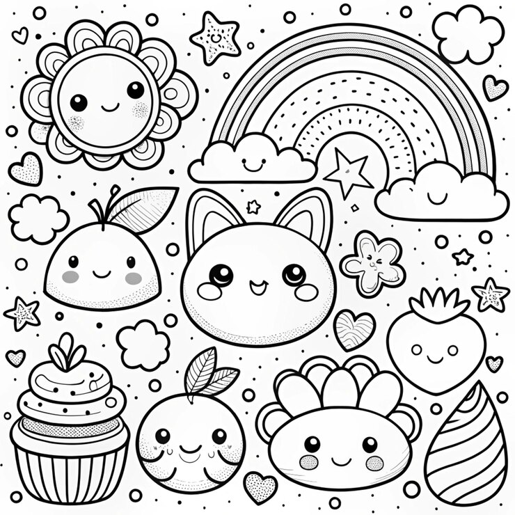 Foto ilustração de livro de colorir kawaii desenhado à mão
