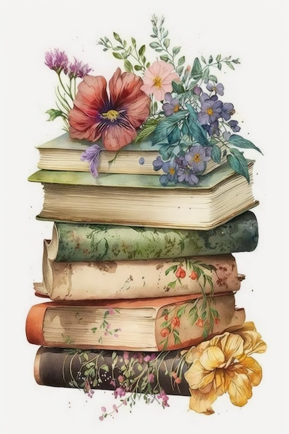 Ilustração de livro em aquarela com flores isoladas no fundo branco