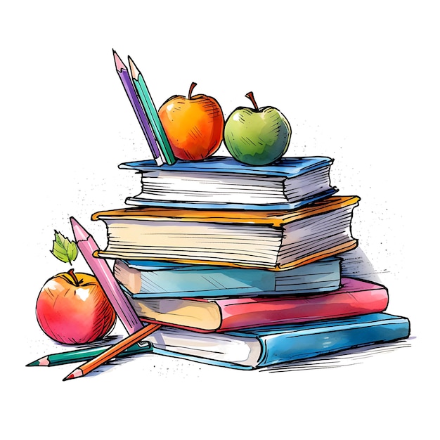 ilustração de livros escolares e trabalhos de casa em um fundo branco de mesa