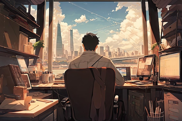 Ilustração de local de trabalho criativo e colorido do interior do escritório estilo anime