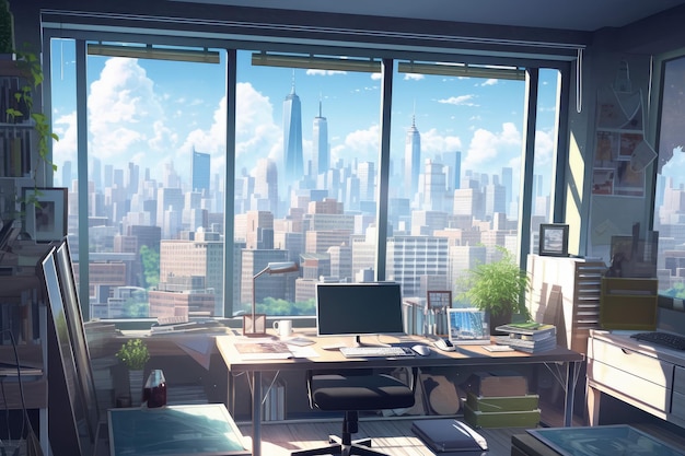 Ilustração de local de trabalho criativo e colorido do interior do escritório estilo anime