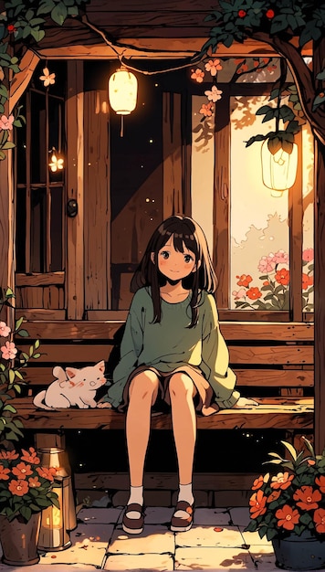 Foto ilustração de lofi girl no jardim de flores à noite com um estilo de anime quente e aconchegante