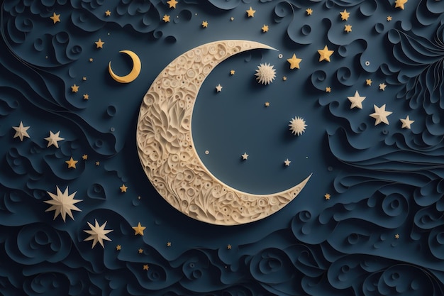 Ilustração de lua e estrelas feita em recorte de papel fundo azul escuro Generative AI
