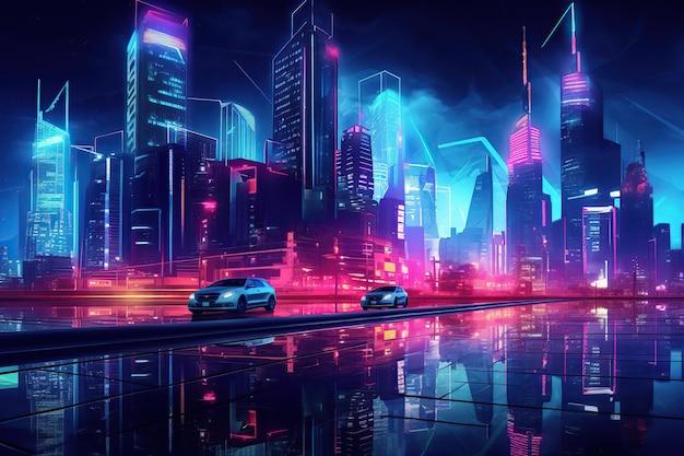 Ilustração de luzes de néon na cidade à noite com edifícios e estradas de rua