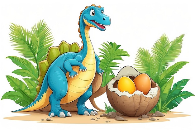 Ilustração de mãe de desenho animado e bebê de dinossauro eclodindo em fundo branco