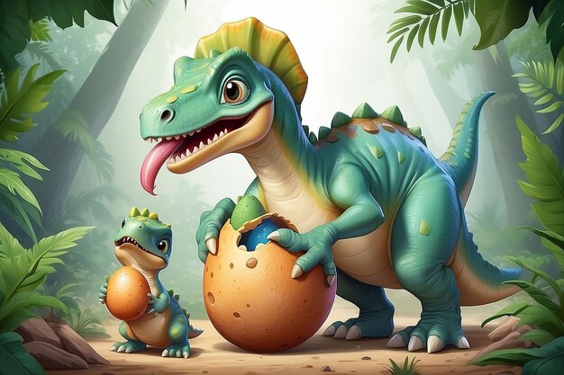 Foto ilustração de mãe de desenho animado e bebê de dinossauro eclodindo em fundo branco