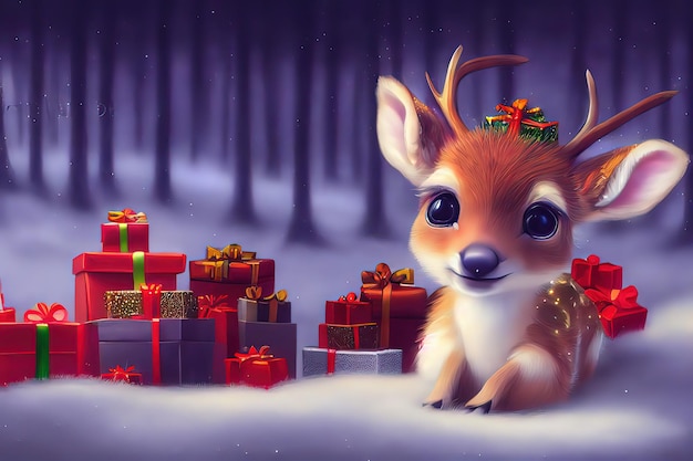 Ilustração de mãe e bebê de veado bonitinho Ilustração de natal com adorável veado floresta de inverno paisagem nevada pintura de ilustração de estilo de arte digital