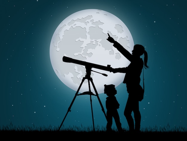 Foto ilustração de mãe e filho olhando o céu com telescópio
