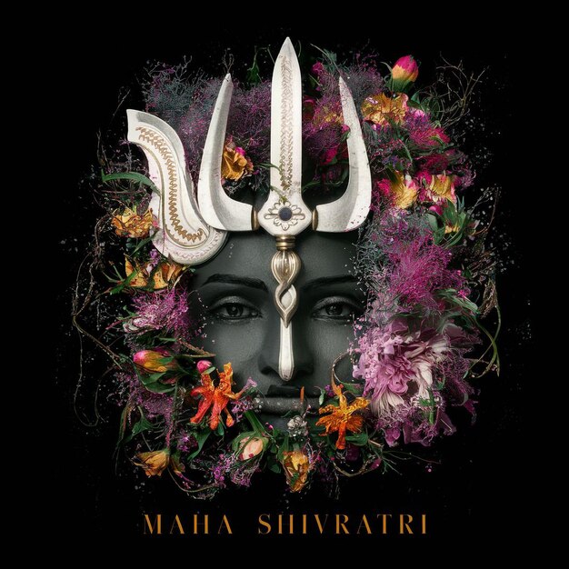 Ilustração de Maha Shivratri de trishul damru e flores com fundo preto