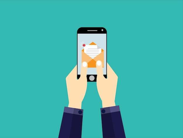Ilustração de mãos cortadas usando telefone móvel contra fundo azul