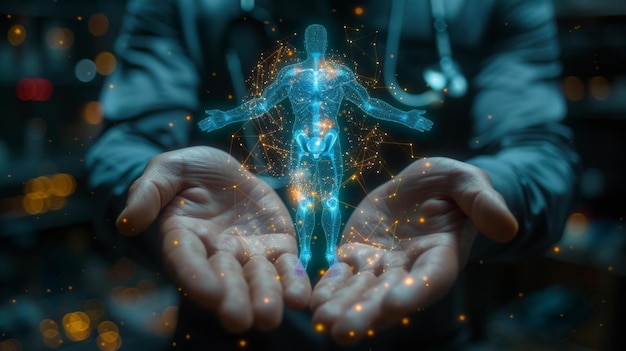 Ilustração de mãos de médicos aconchegando suavemente uma tela digital da qual emerge um holograma luminoso do corpo humano AI Generative