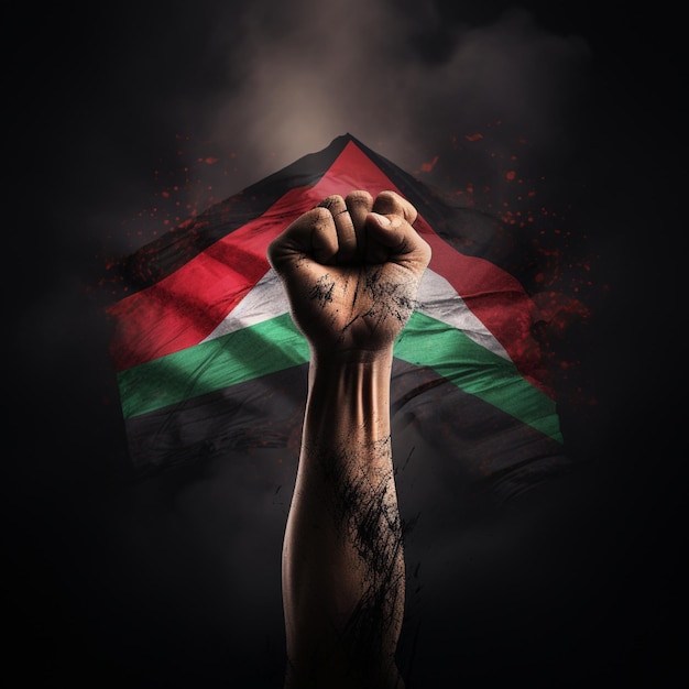 Foto ilustração de mãos fechadas bandeira palestina fechada fundo isolado