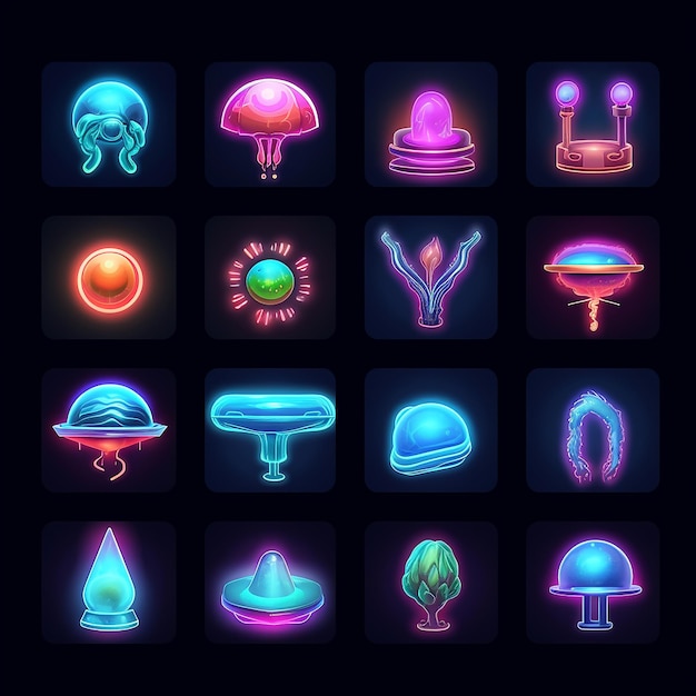 Ilustração de maquete de carro de néon futurista e ícones de jogos de néon
