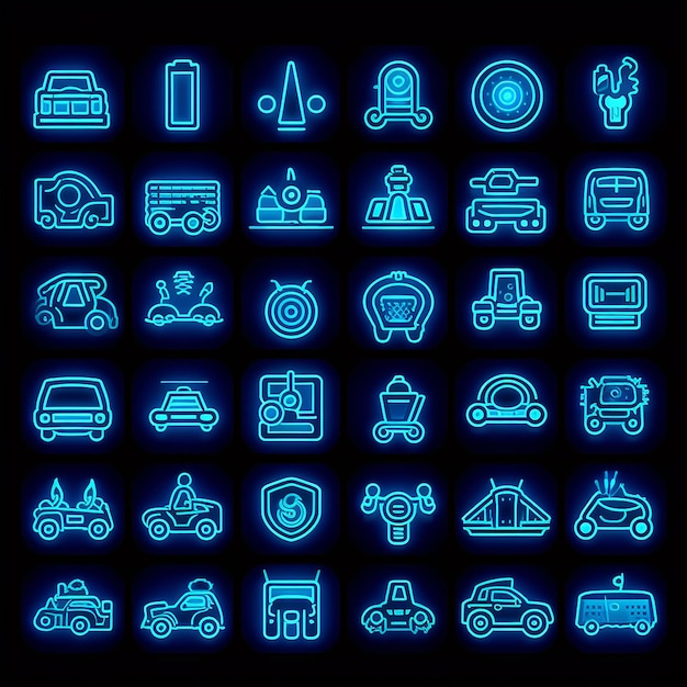 Foto ilustração de maquete de carro de néon futurista e ícones de jogos de néon
