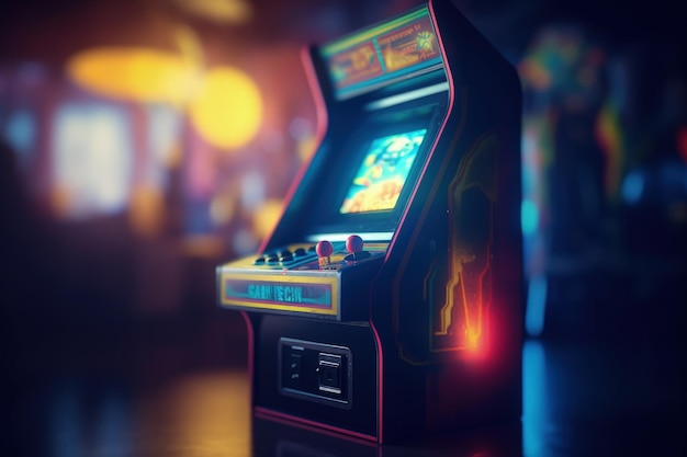 Ilustração de máquina de arcade estilo dos anos 80 e 90 jogo retrô bokeh background Generative AI