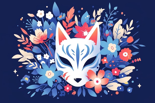 Ilustração de máscara de raposa japonesa kitsune em flores em fundo azul