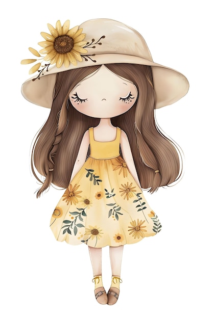 Foto ilustração de menina bonita vestido e chapéu de primavera amarelo