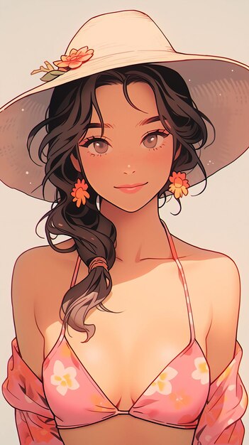 Ilustração de menina de maiô legal de verão de anime desenhada à mão