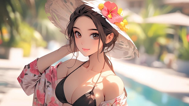 Ilustração de menina de maiô legal de verão de anime desenhada à mão