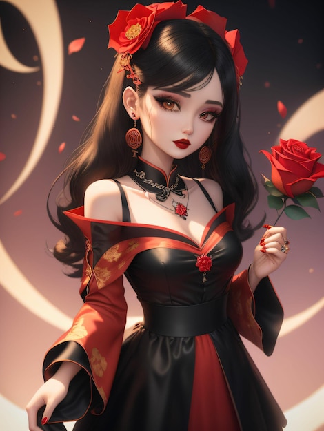 ilustração de menina em vestido preto e vermelho no estilo anime
