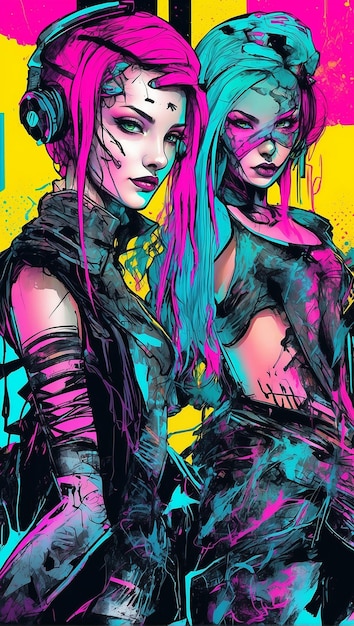 Ilustração de meninas de estilo Cyberpunk desenhadas com pinceladas