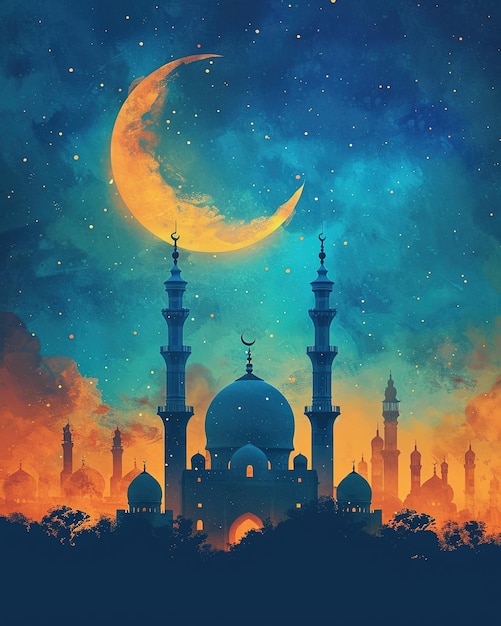 Ilustração de mesquita à noite com lua e estrelas Ramadan Kareem fundo