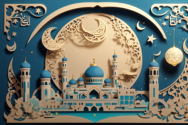 Ilustração de mesquita de papel de parede islâmico em estilo de corte de papel