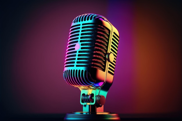 Ilustração de microfone de estúdio para podcast, fundo com luzes de neon. IA generativa