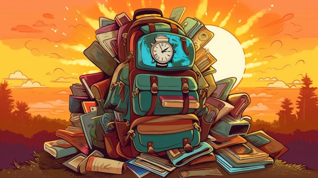 Ilustração de mochila representando o primeiro dia de volta à escola com todos os suprimentos mochila muito cheia de objetos