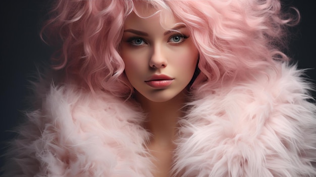 Foto ilustração de moda de uma senhora vestindo roupas fofas e cabelo rosa pastel generative ai