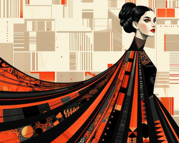 Ilustração de moda inspirada no Art Deco com linhas elegantes e padrões ousados