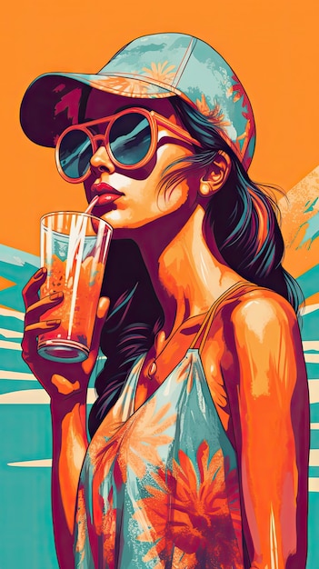 Ilustração de moda ousada de mulher bebendo bebida de canudo na piscina