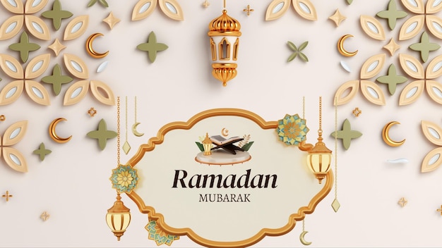 Ilustração de modelagem 3D de uma lua crescente e a palavra Ramadan Mubarak