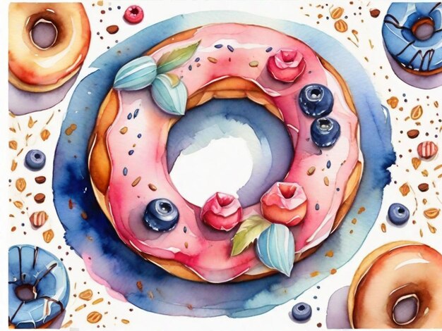 Ilustração de moldura redonda de donuts de aquarela para cartões de felicitações e adesivos judaicos de Hanukkah