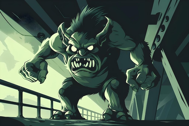 Ilustração de monstro de desenho animado furioso Troll furioso sob uma ponte com iluminação de sombra do clube