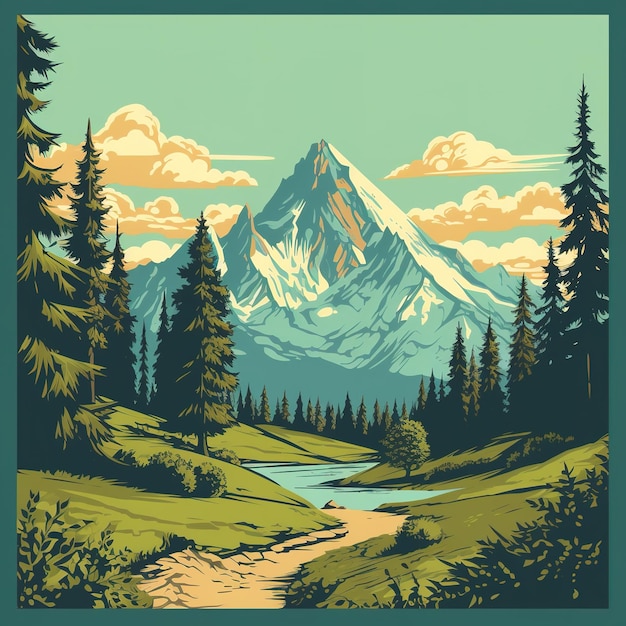 Ilustração de montanha e floresta em estilo plano