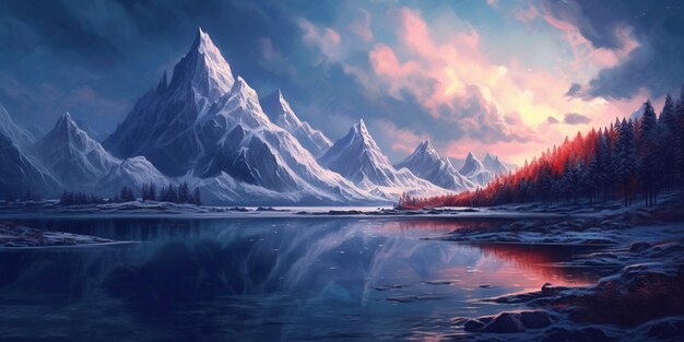 Ilustração de montanhas de fantasia com muita neve e um lago