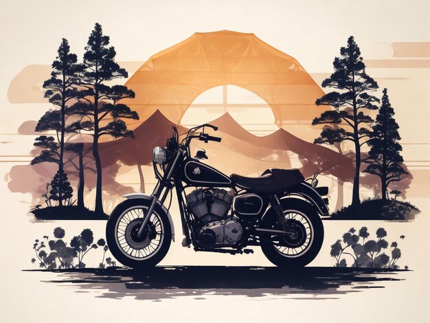 ilustração de motocicleta vintage com um fundo de paisagem de montanha com picos rochosos verde t