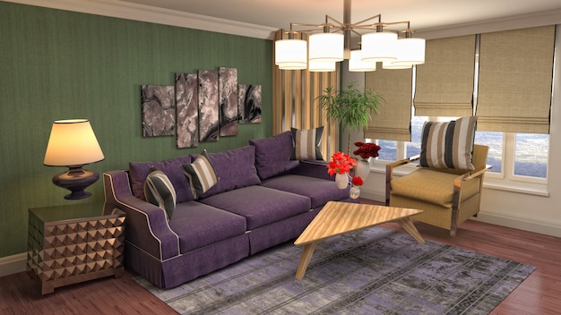 Ilustração de móveis pairando na sala de estar