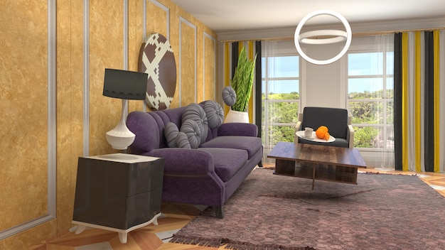 Ilustração de móveis pairando na sala de estar