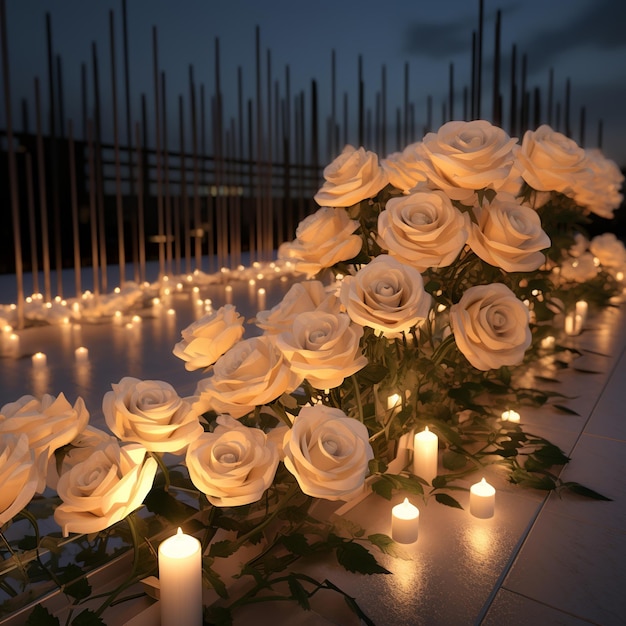 ilustração de muitas rosas brancas dispostas em fila usando Vray ren