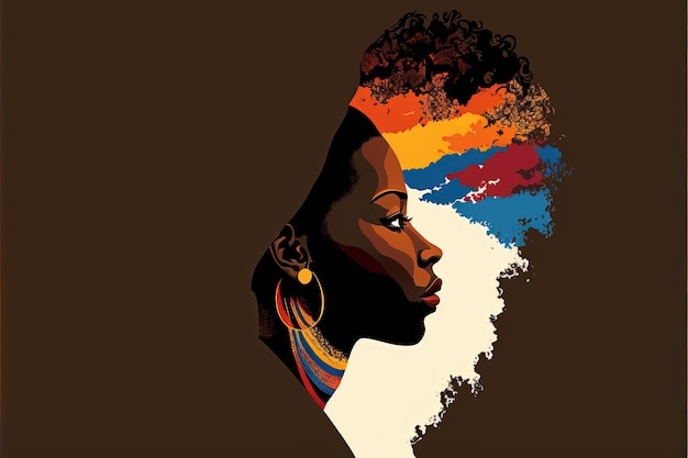 Ilustração de mulher africana de perfil, cores africanas, Mês da História Negra. IA generativa