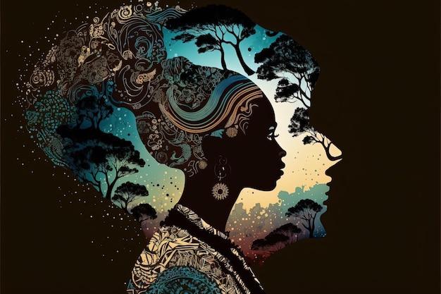 Ilustração de mulher africana de perfil, cores africanas, Mês da História Negra. IA generativa