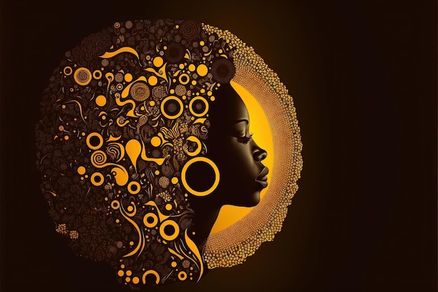 Ilustração de mulher africana de perfil, cores africanas, Mês da História Negra. IA generativa