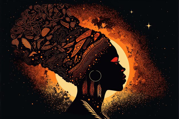 Ilustração de mulher africana de perfil, cores africanas, Mês da História Negra. IA generativa