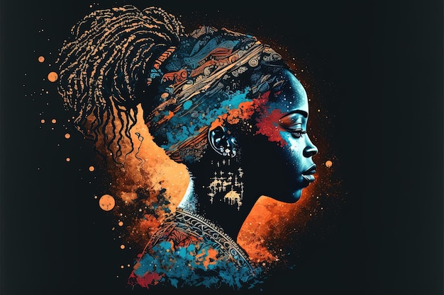 Ilustração de mulher africana de perfil, cores africanas, Mês da História Negra. IA generativa